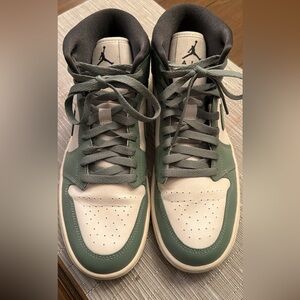 Women’s Jordan 1’s High-Top Sneakers in Sage Green and Cream